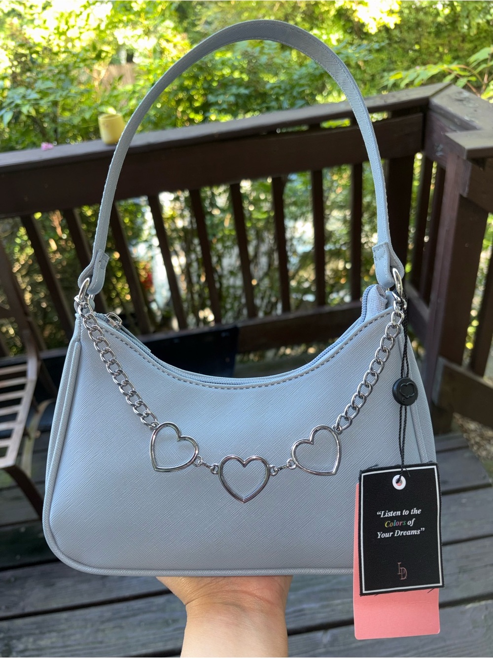 Like Dreams Light blue handbag with heart charms chain New